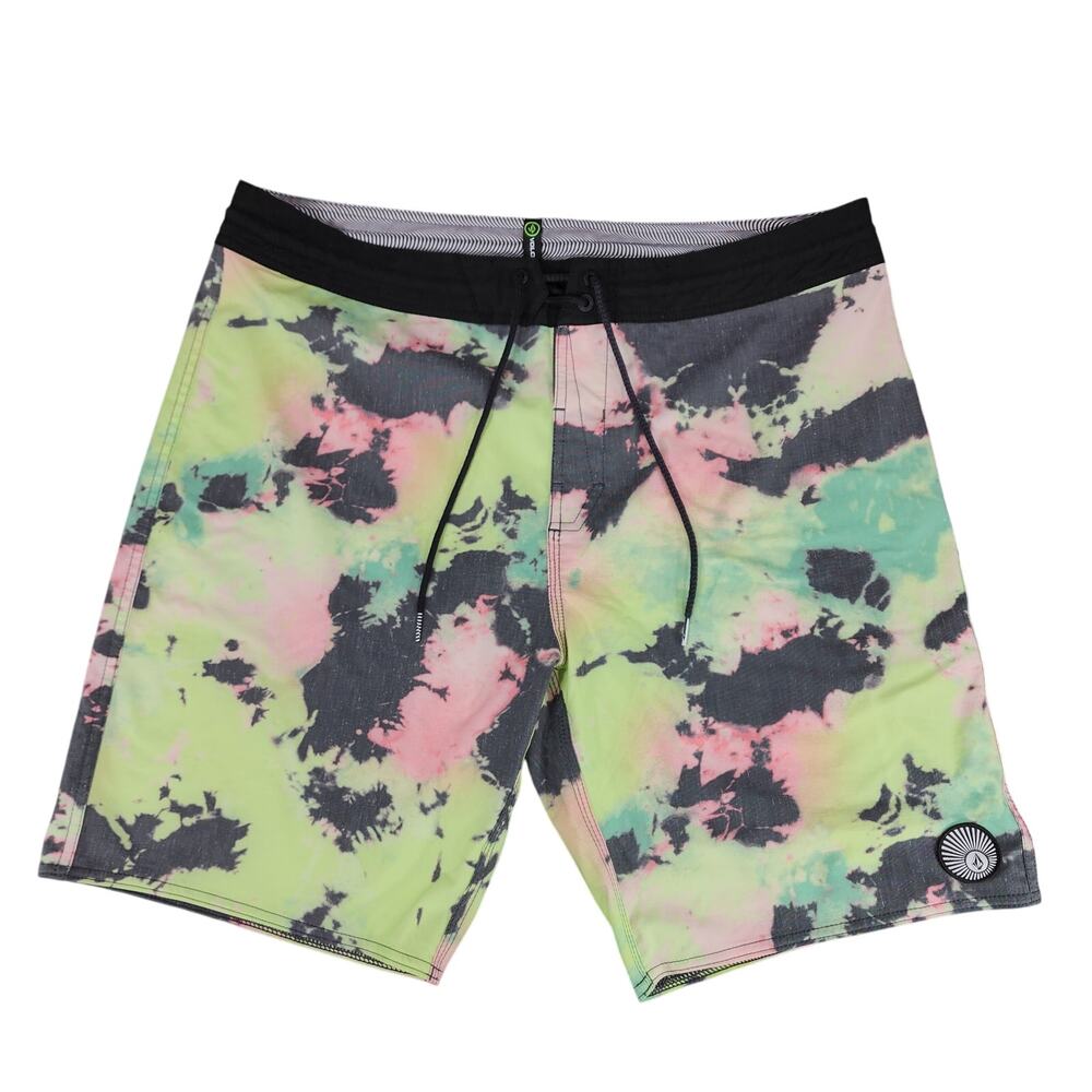Volcom Board Shorts sz 36 Mens Cinch Fly Abstract Green Pink Black Inseam 9" 20"
